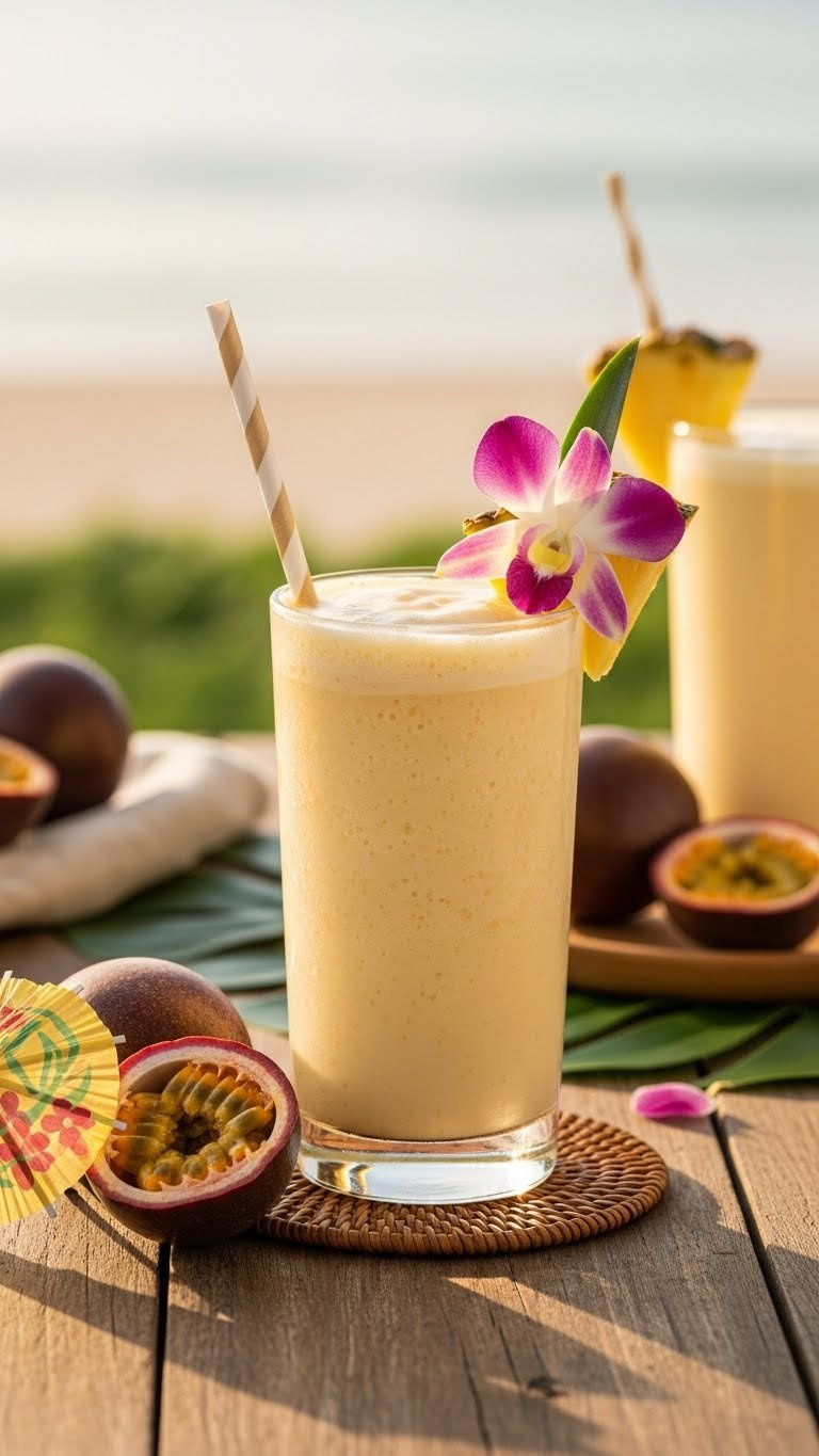 Luscious tropical paradise smoothie with pineapple wedge and orchid in tall glass on rustic wooden table with beach background