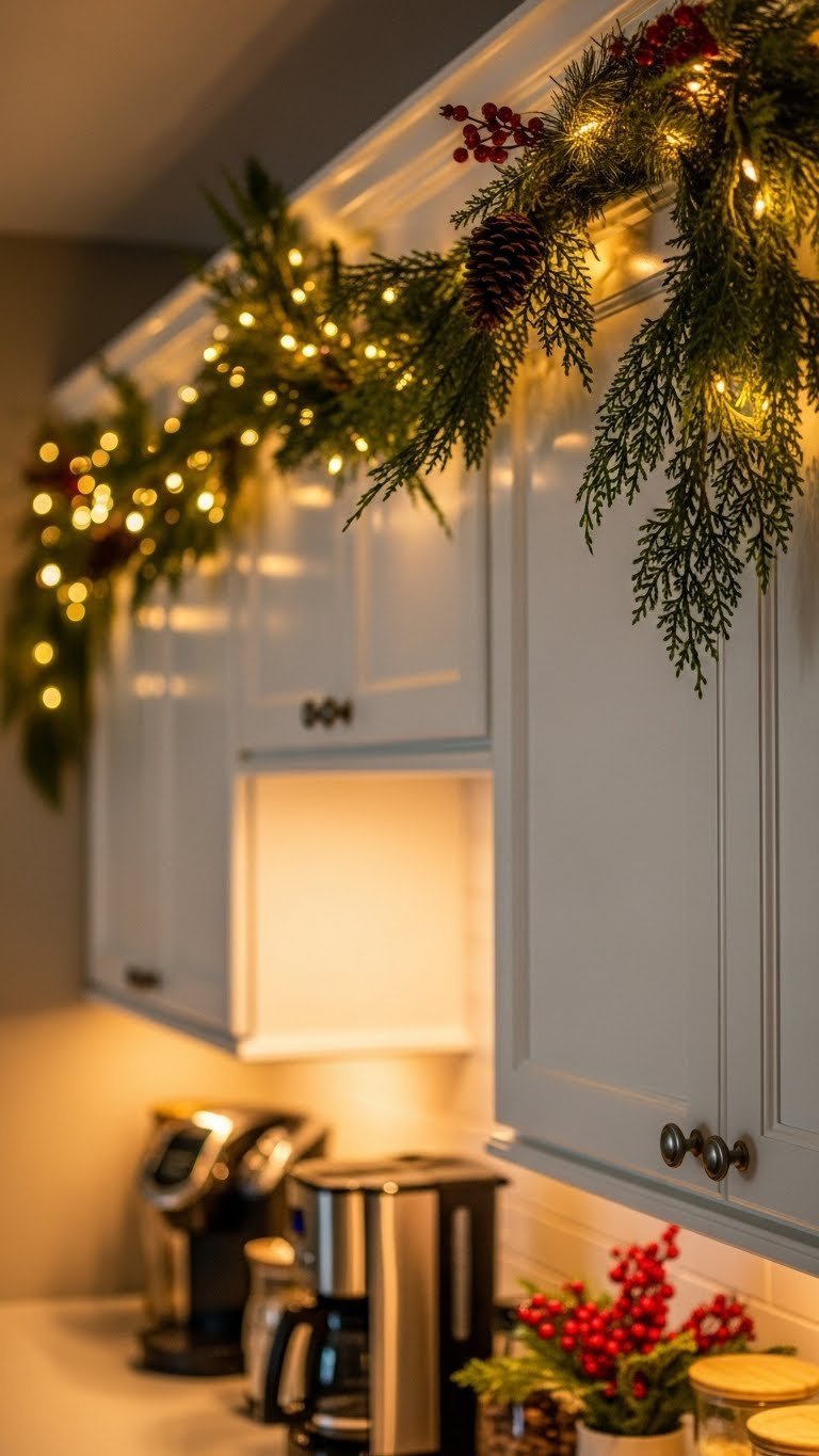 Lush faux cedar garland with twinkling fairy lights draped across white kitchen cabinets above coffee maker station.