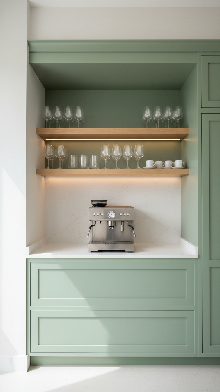Luxurious built-in coffee nook with sage green cabinetry and stainless steel coffee machine in high-end kitchen