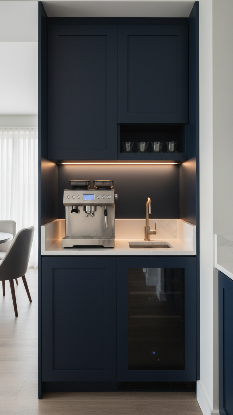 Luxurious built-in navy blue coffee bar with quartz countertop, integrated espresso machine, and custom cabinetry