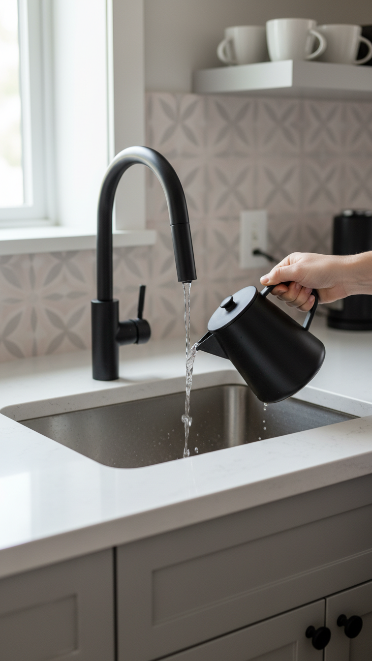 Luxurious coffee bar sink with stainless steel basin and matte black gooseneck faucet splashing water