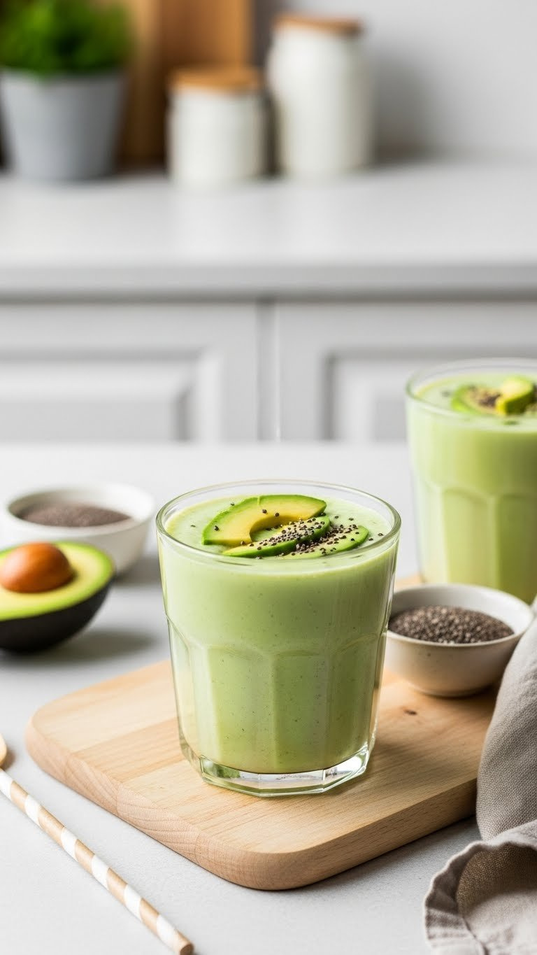 Luxurious creamy avocado smoothie topped with avocado slices and chia seeds in wide-mouthed glass on wooden board