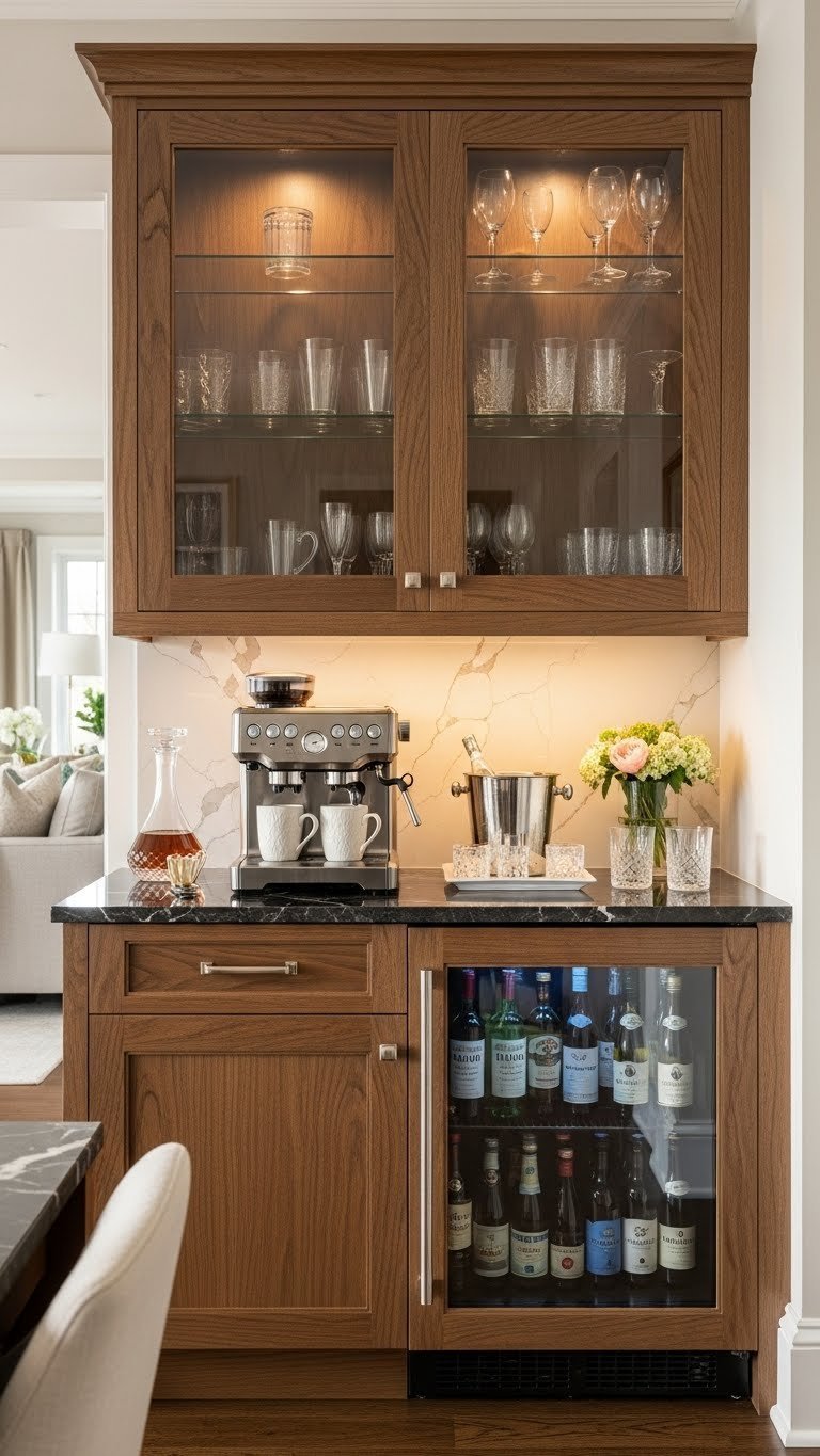 Luxurious dedicated beverage center cabinet with dark wood cabinetry, glass-front uppers, espresso machine, and built-in mini fridge.