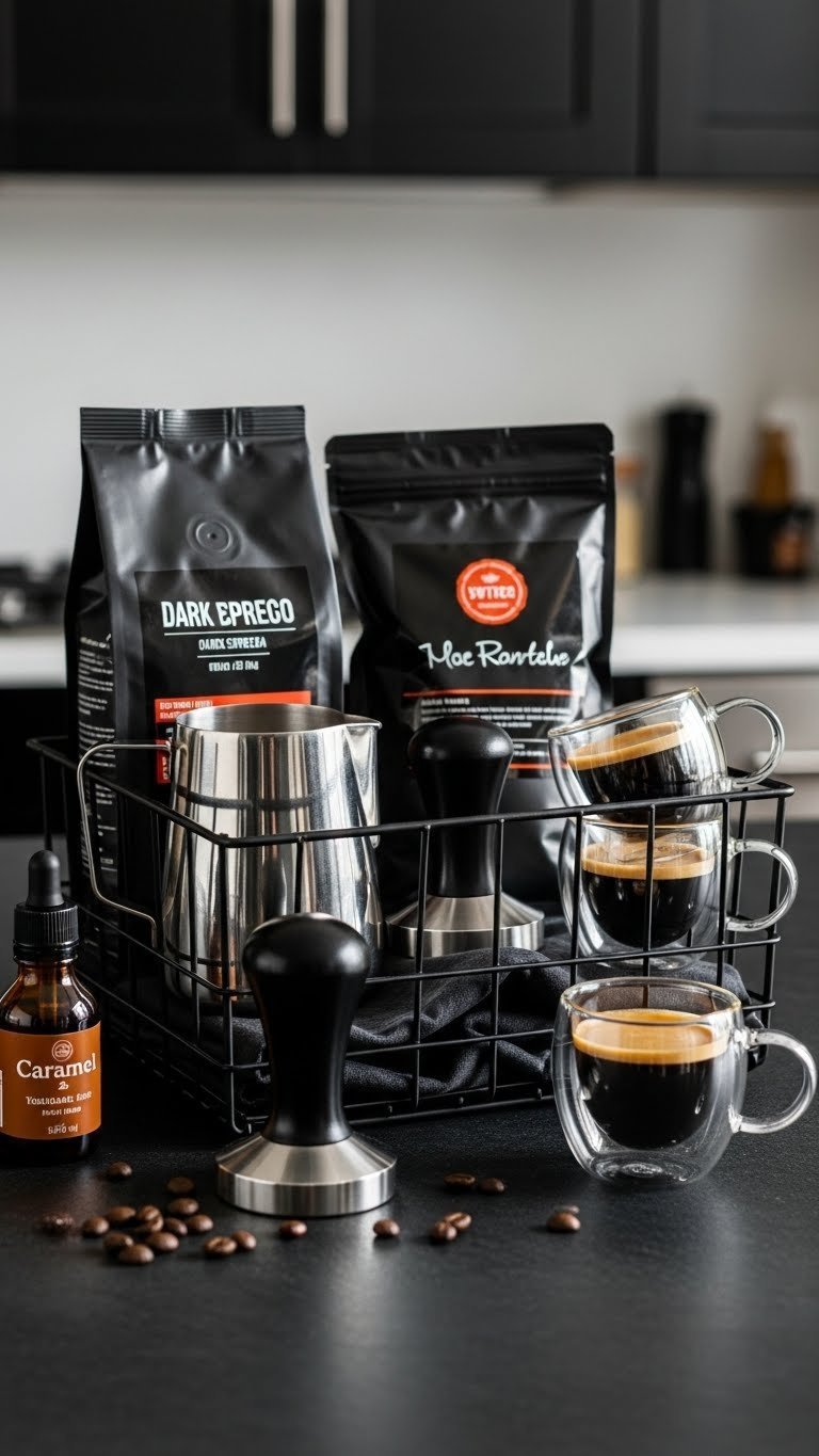 Luxurious espresso gift basket with dark roast beans, milk frothing pitcher, and metal tamper on slate countertop