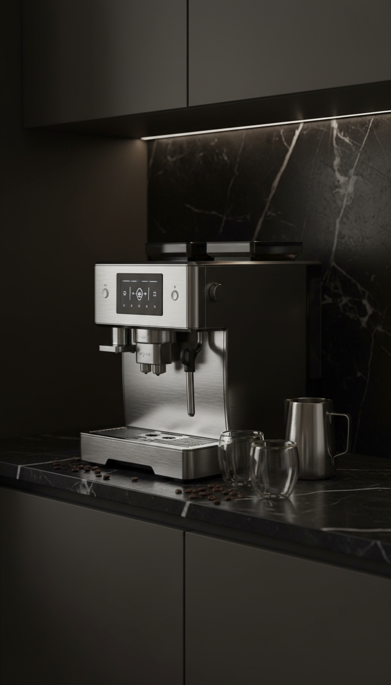 Luxurious high-end coffee bar with stainless steel bean-to-cup espresso machine on black marble countertop.