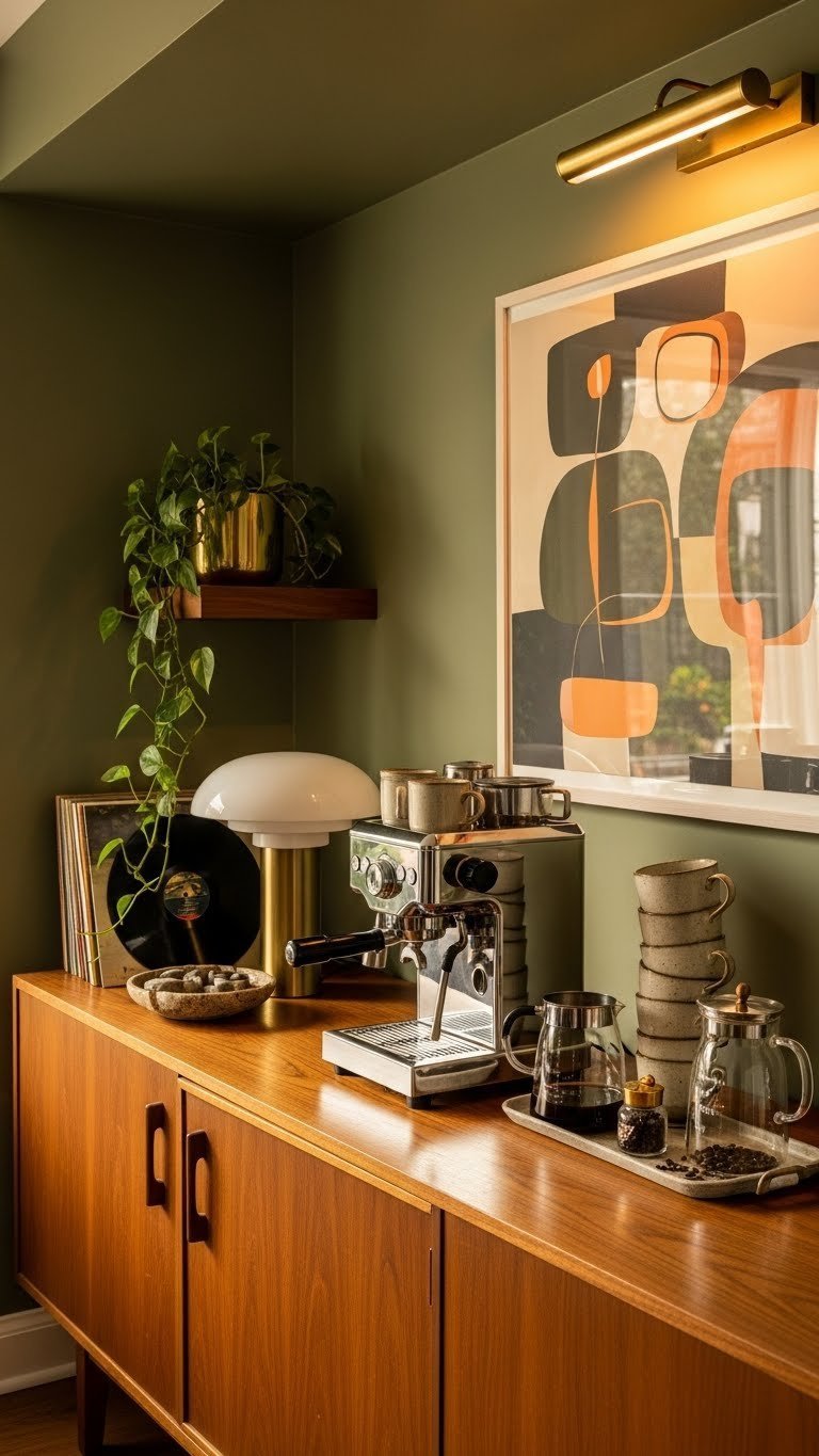 Luxurious walnut credenza coffee bar with chrome espresso machine and artisanal ceramic mugs under warm lighting