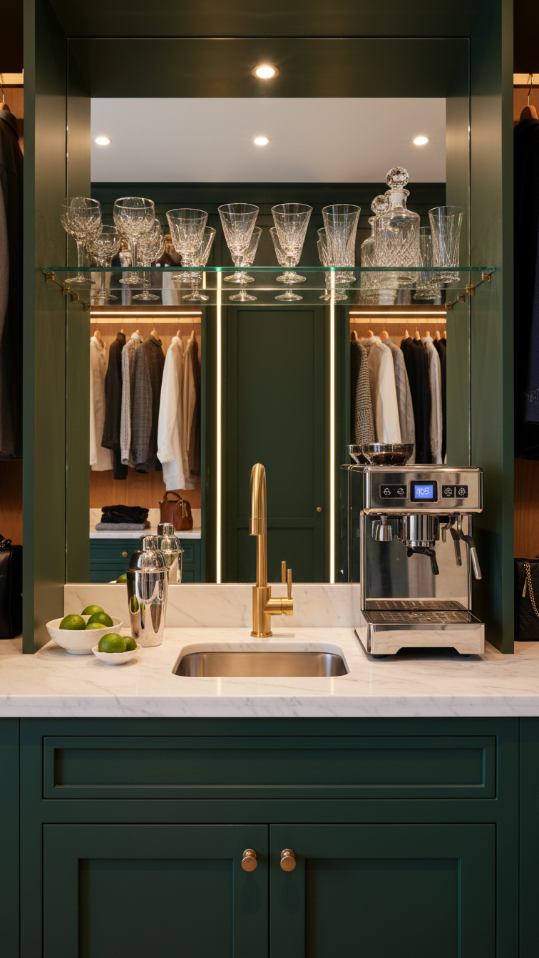 Luxury closet wet bar with dark green cabinet, marble countertop, gold faucet sink, and mirror backsplash