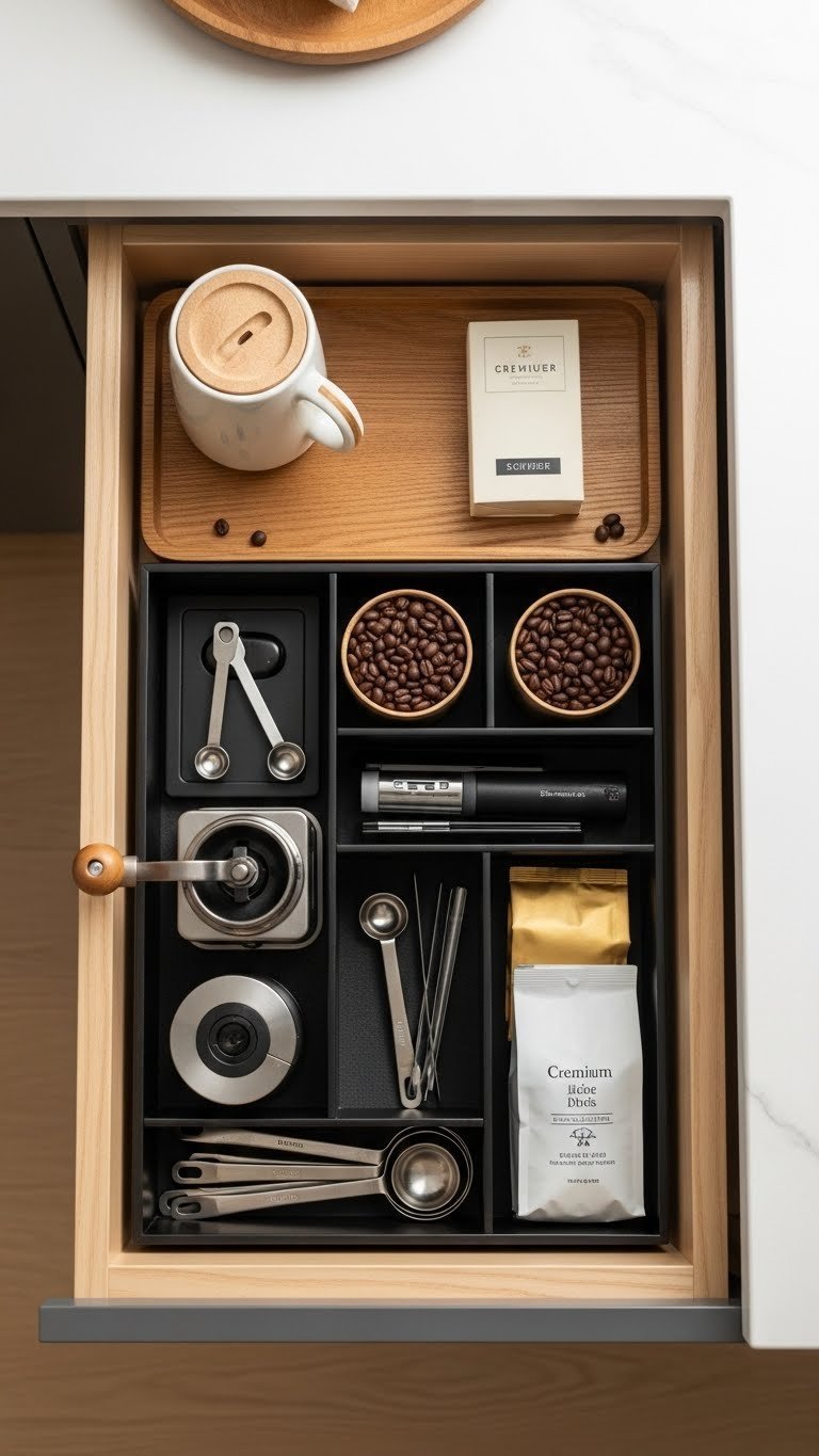 Luxury drawer coffee system with custom dividers, compact grinder, and premium coffee beans in organized kitchen drawer