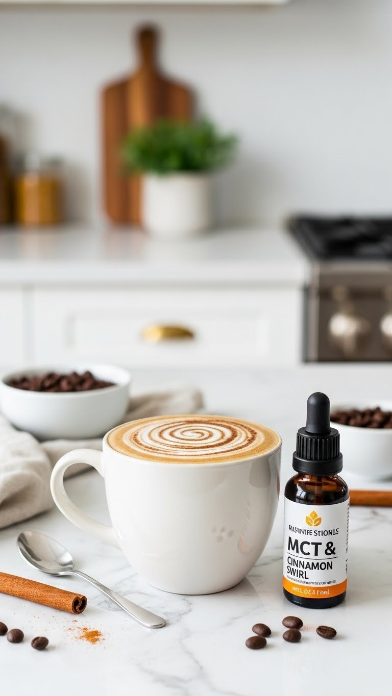 MCT oil cinnamon swirl coffee with cinnamon topping and MCT oil bottle on white marble countertop
