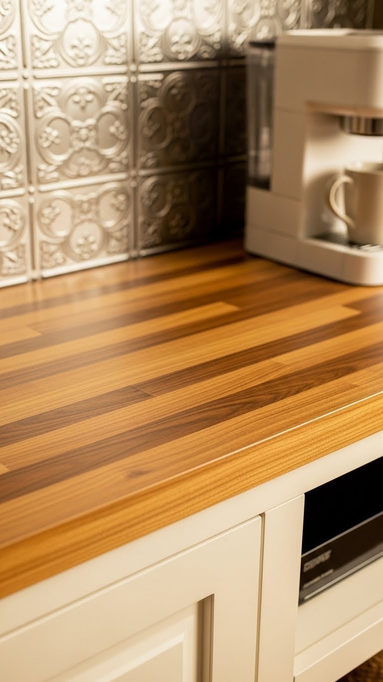 Macro shot of faux butcher block countertop with wood grain texture and steaming ceramic mug on coffee bar