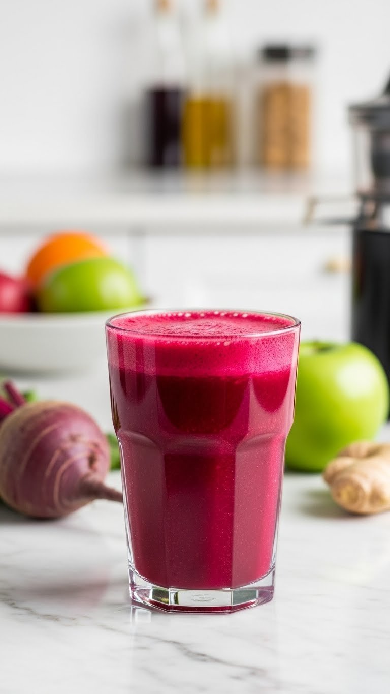Magenta beetroot juice in clear glass with earthy hue on marble countertop with fresh ingredients