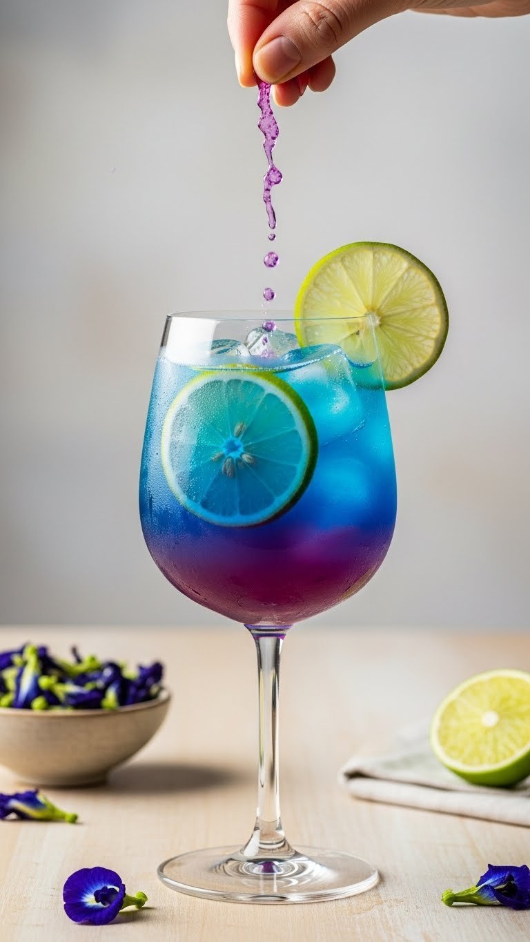 Magical color-changing unicorn mocktail transitioning from blue to pink in a stemless wine glass.