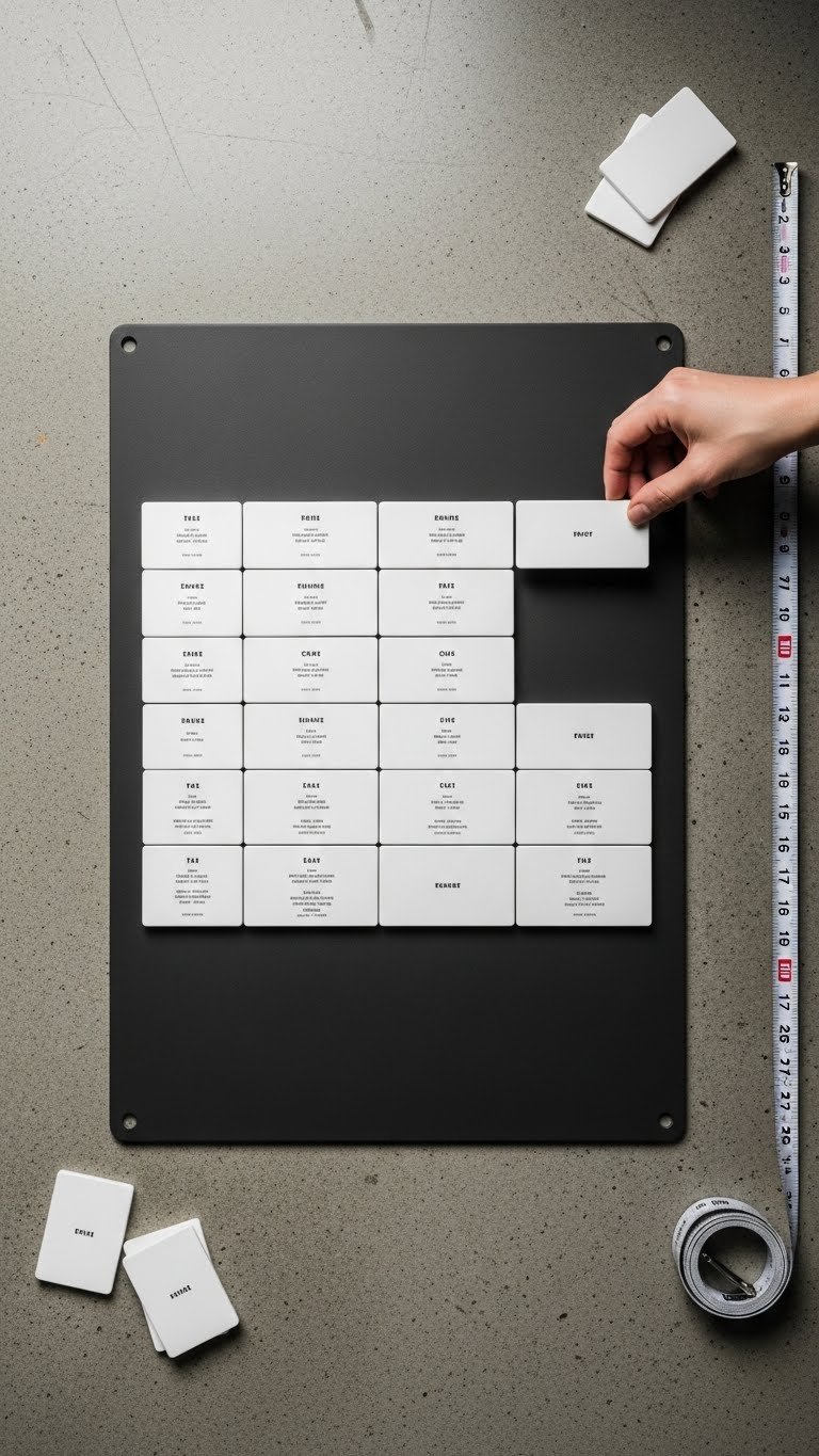 Magnetic modular menu system with gray steel board and white magnetic tiles arranged in grid on polished concrete surface