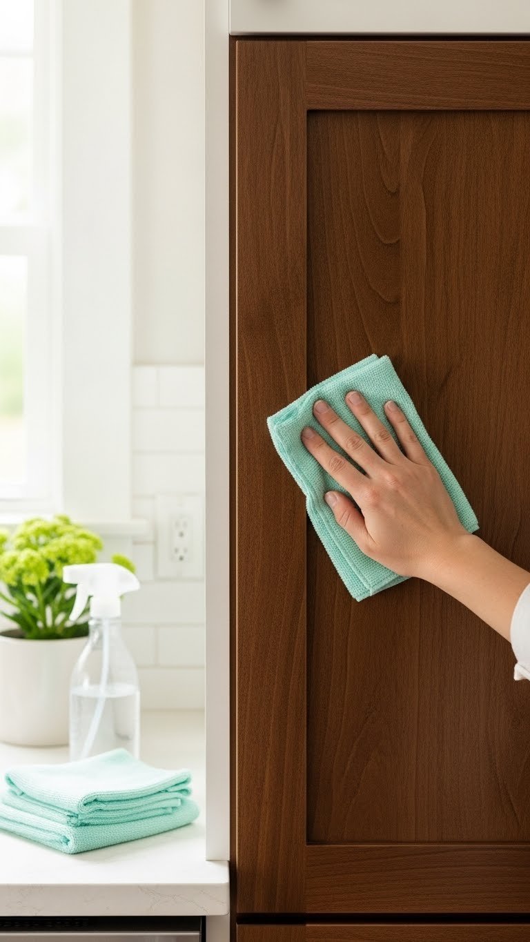 Maintaining gel-stained kitchen cabinet with soft cloth wiping down lustrous wood finish in bright kitchen