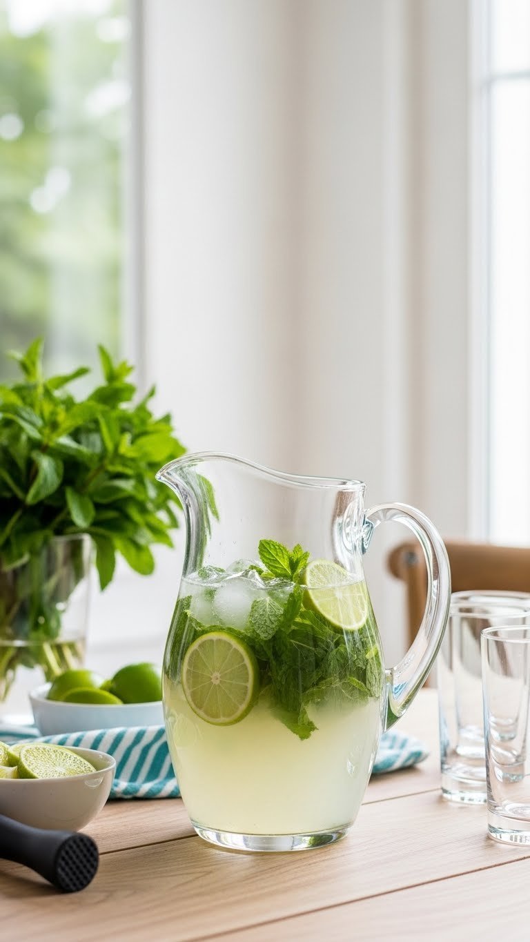 Make-ahead mojito pitcher filled with muddled mint and lime wedges with empty glasses ready to serve
