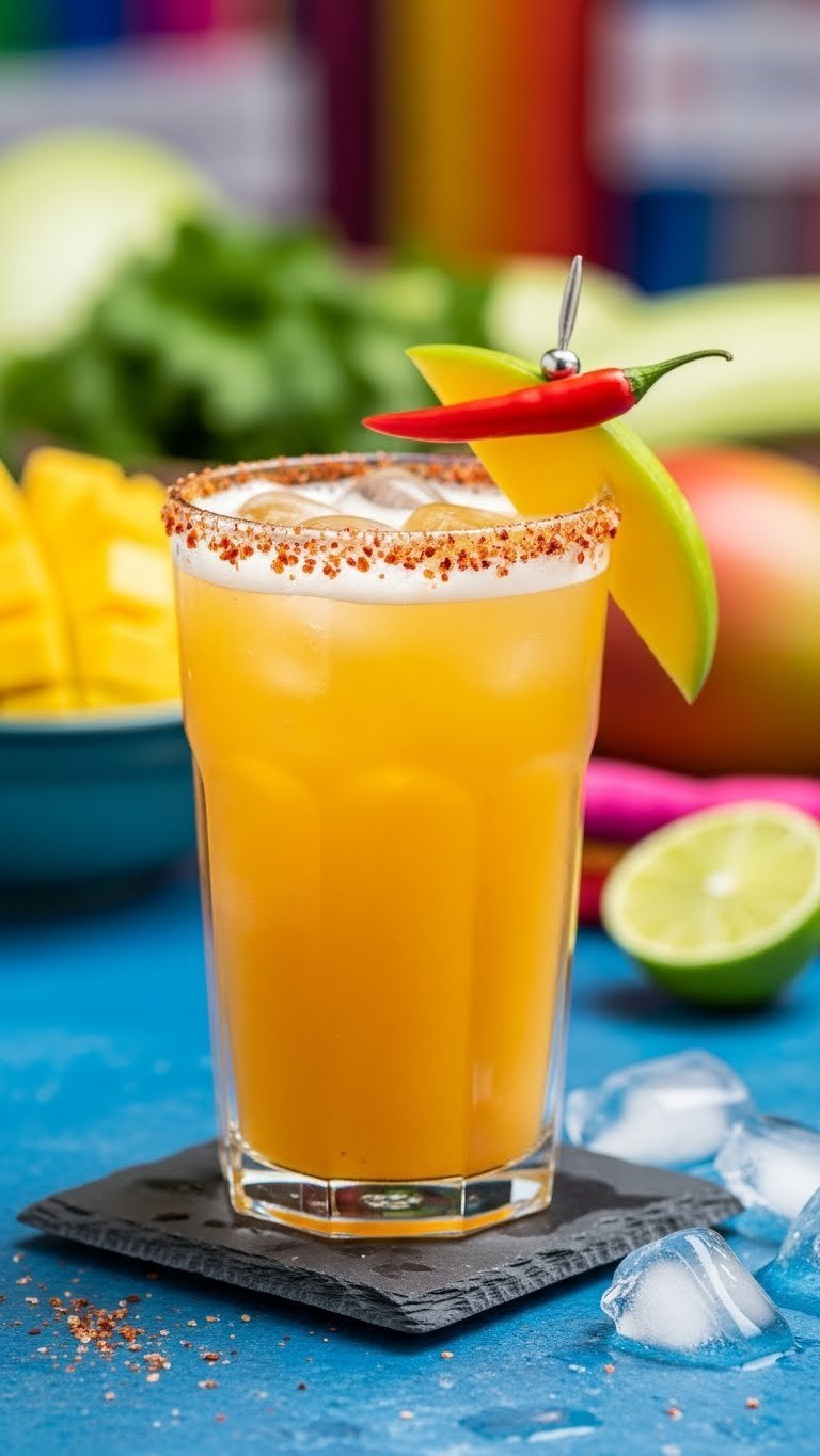 Mango Chili Cloud 9 mocktail with golden-orange drink rimmed with chili salt and mango slice
