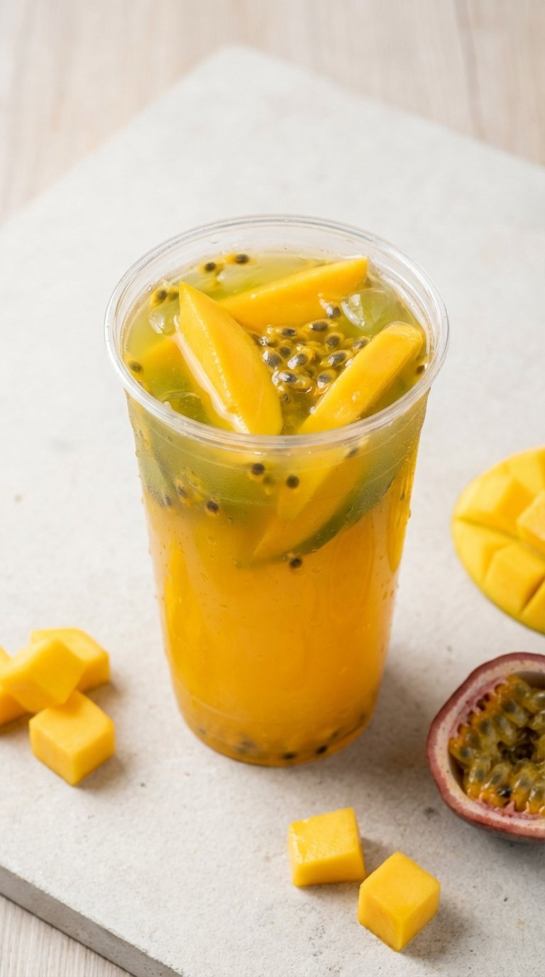 Mango passionfruit refresher with green tea featuring fresh mango slices on concrete surface