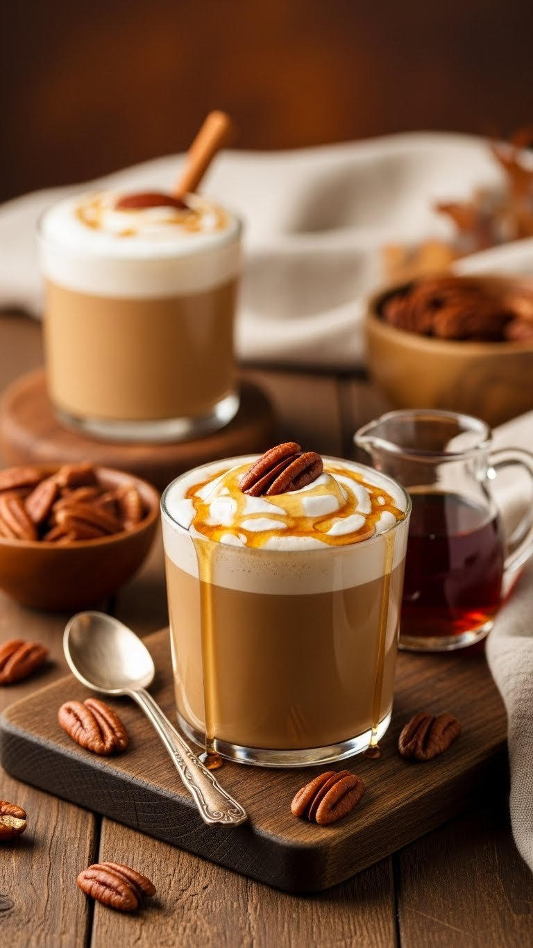 Maple pecan coffee topped with whipped cream, maple drizzle, and candied nuts on rustic wooden board.