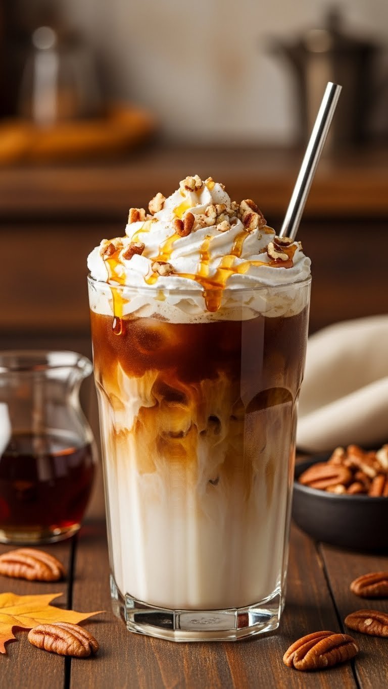 Maple pecan iced coffee with golden maple syrup and crushed pecans on dark wooden table.