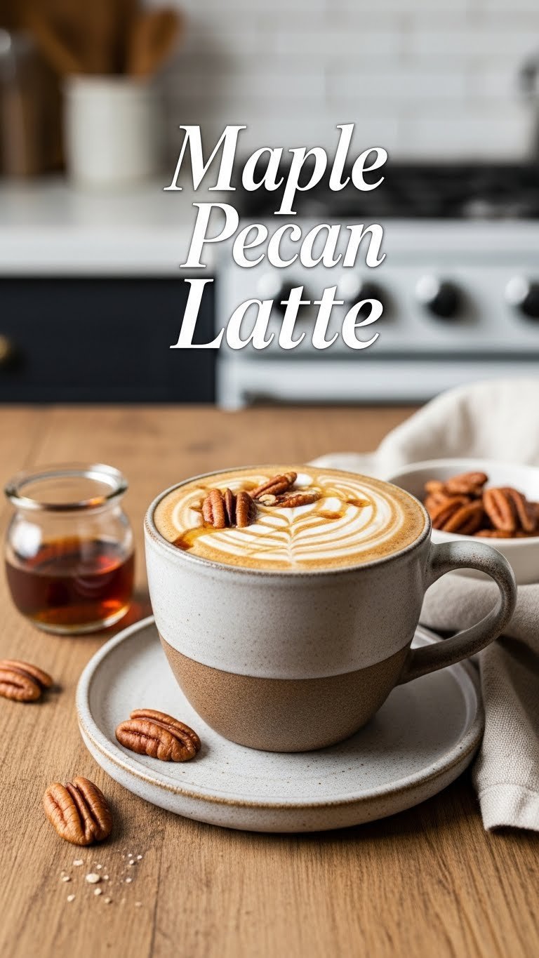Maple pecan latte in rustic ceramic mug with candied pecans on wooden table
