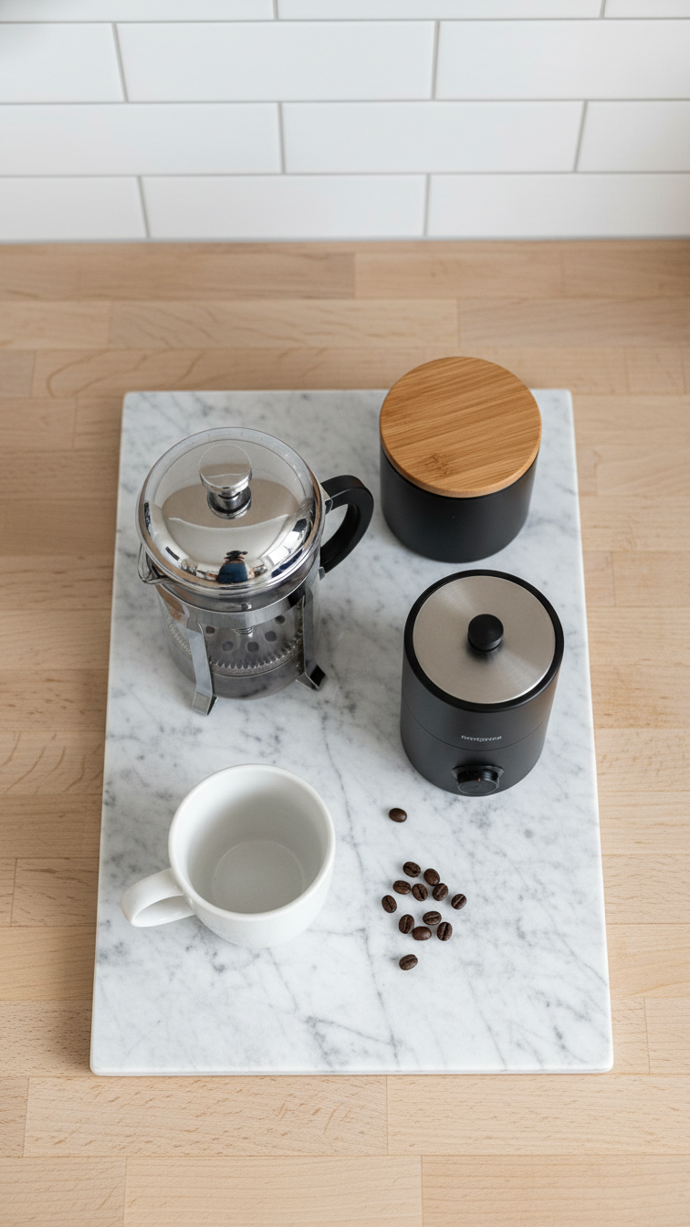 Marble tray coffee station with chrome French press, coffee grinder, and black ceramic canister on light wood countertop.