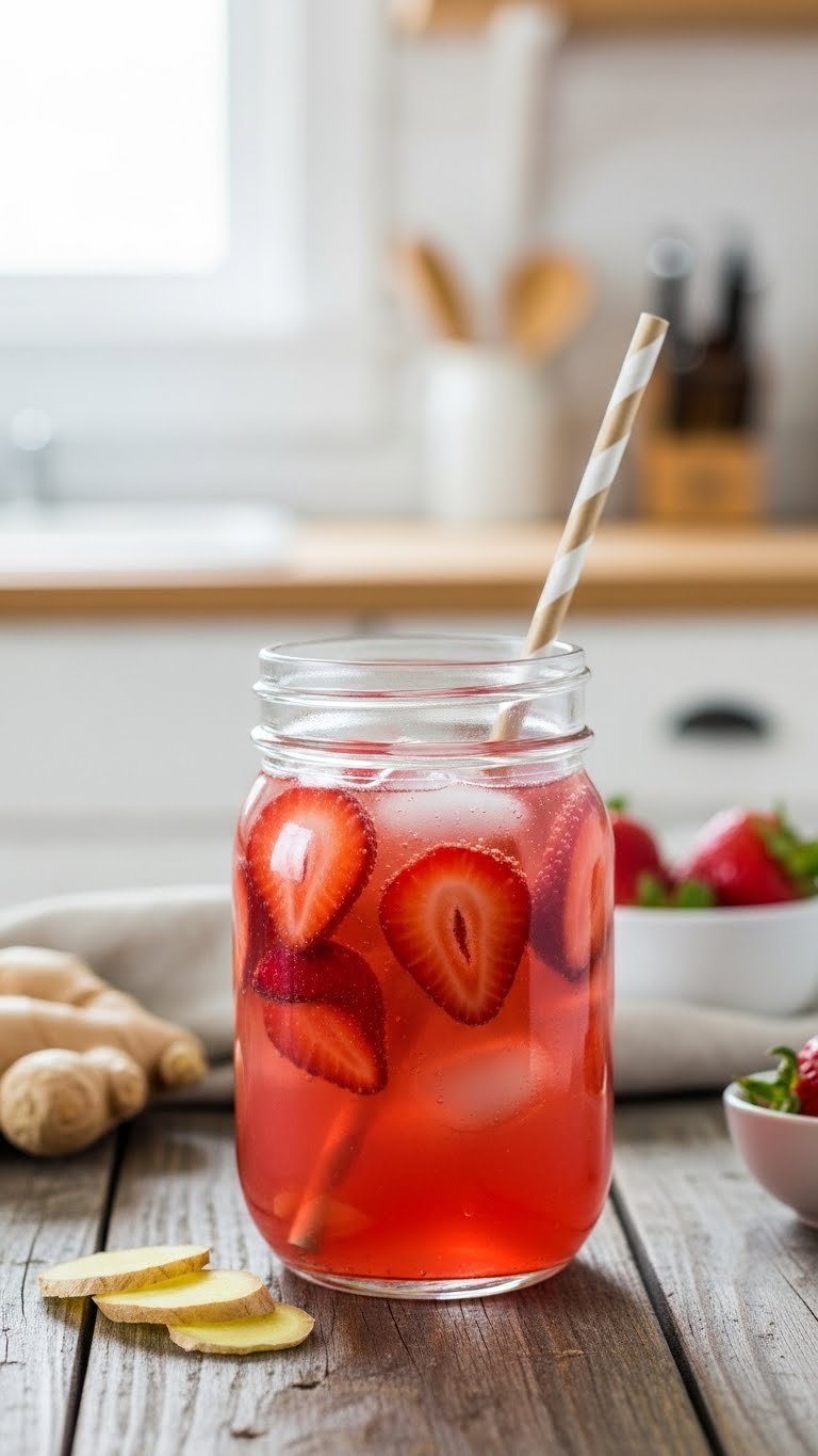 Mason jar glass with bubbly pink strawberry ginger ale mocktail and sliced strawberries
