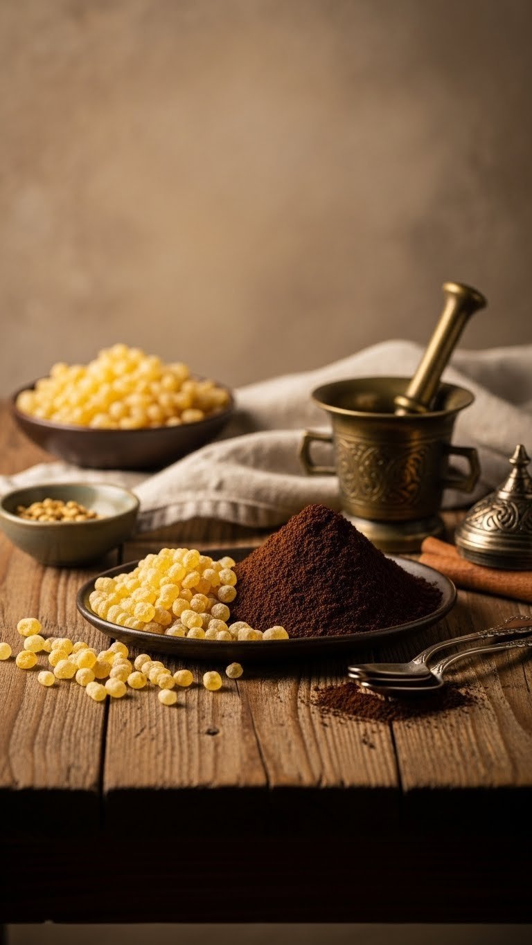 Turkish Coffee Flavors: The Definitive Taste Guide 5 Mastic gum resin pieces next to Turkish coffee grounds with copper mortar and pestle on rustic wooden surface