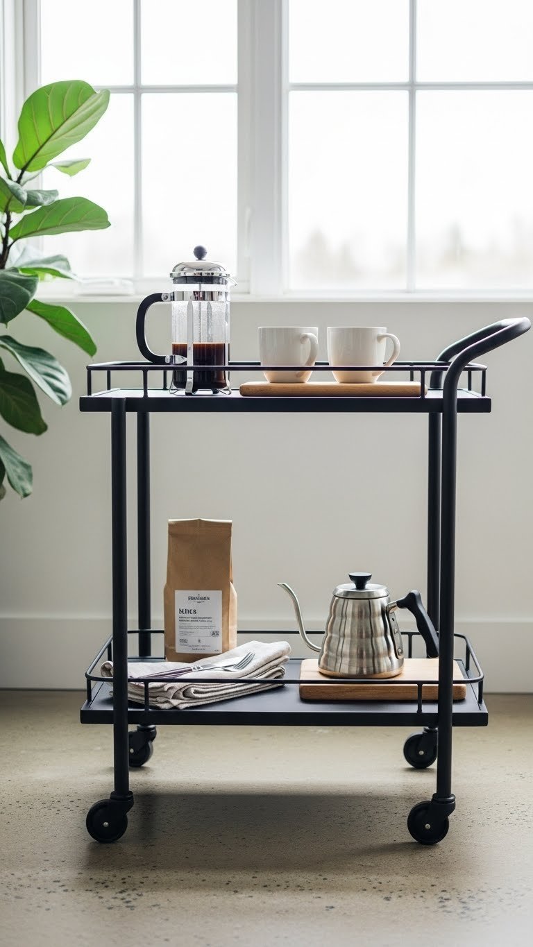 Matte black mid-century modern bar cart coffee station with French press, mugs, and coffee beans in bright daylight