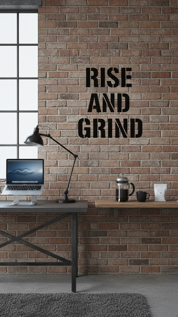 Matte black vinyl wall decal with 'Rise and Grind' motivational phrase on exposed brick wall near coffee station.