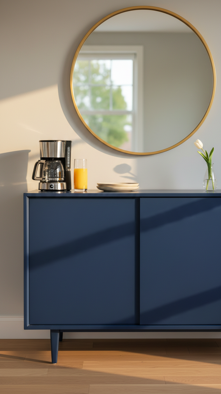 Matte navy blue mid-century modern buffet cabinet with chrome coffee maker and gold mirror in elegant coffee bar setup