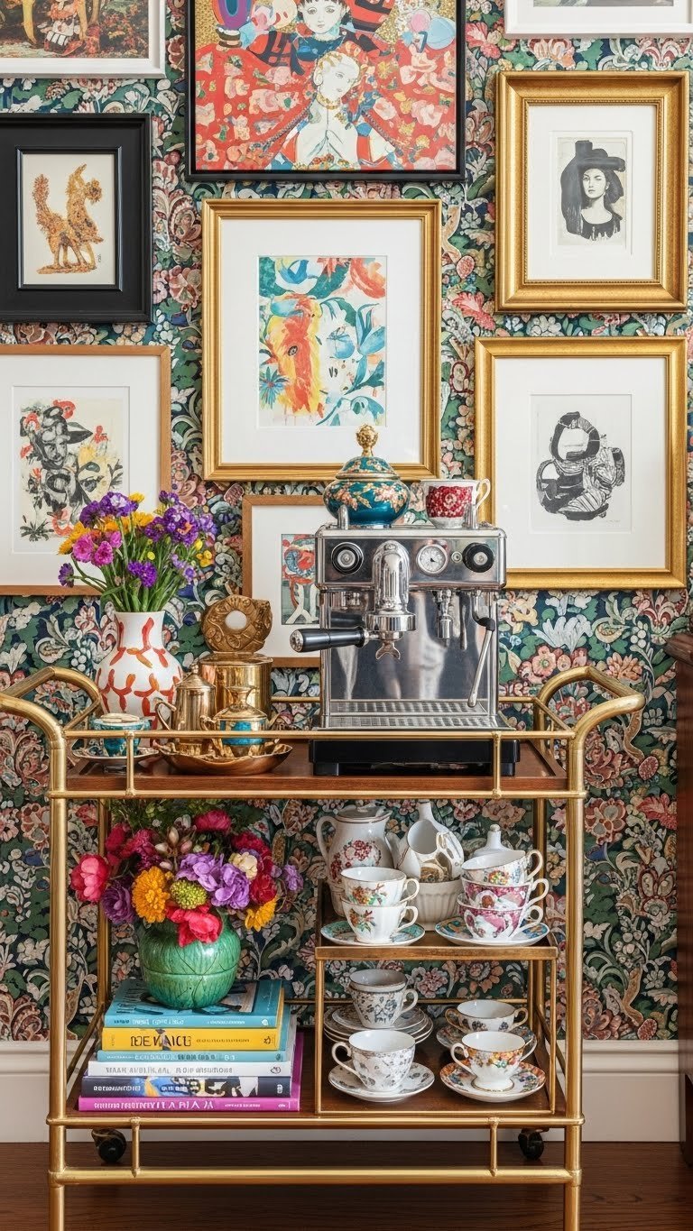 Maximalist art gallery coffee bar featuring gold bar cart, jewel-toned espresso machine, ornate mismatched teacups, and vibrant gallery wall backdrop.