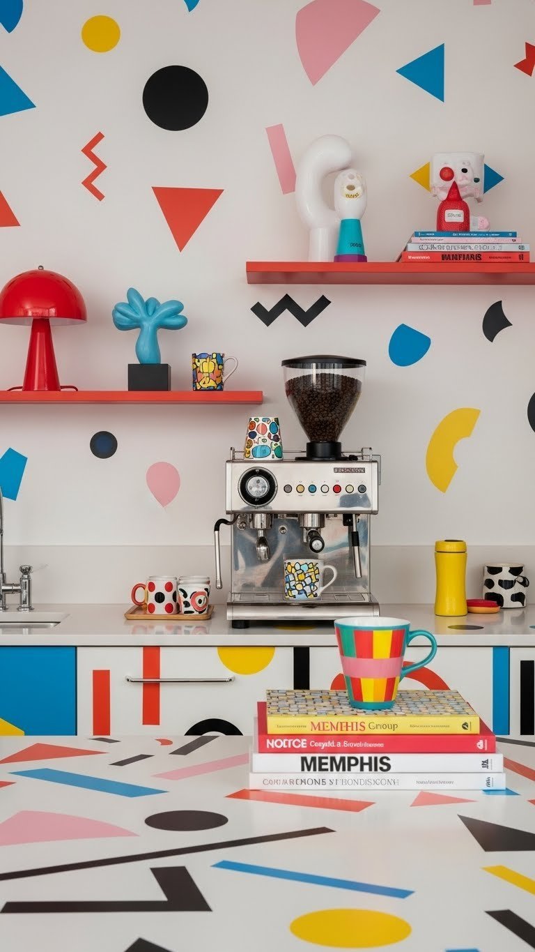 Memphis Group aesthetic coffee bar with asymmetrical shelving, abstract geometric patterns, and vibrant primary colors