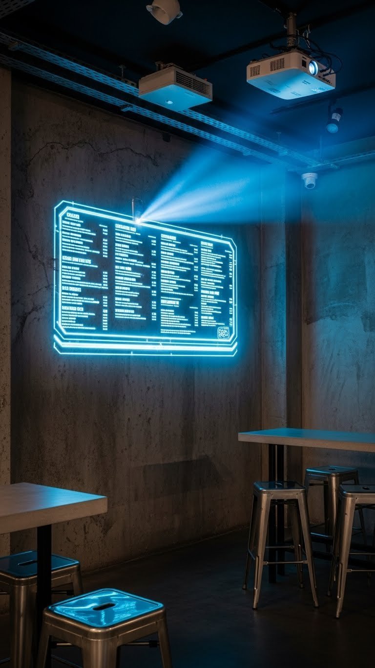 Menu projected onto dark concrete wall with projector beam cutting through hazy air in industrial-style high-tech cafe setting