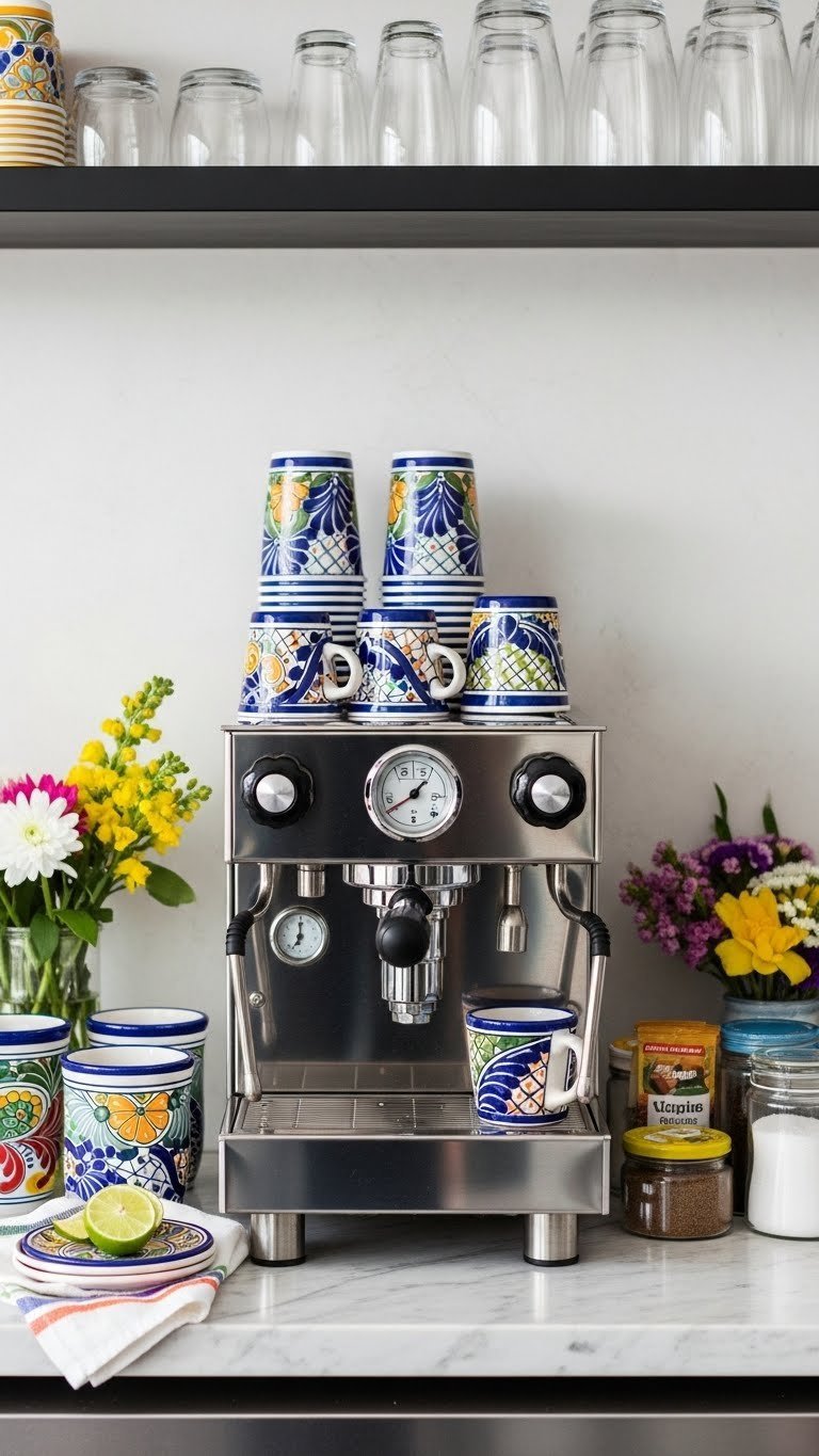 Meticulously maintained Mexican coffee bar with polished Talavera pottery and fresh succulents
