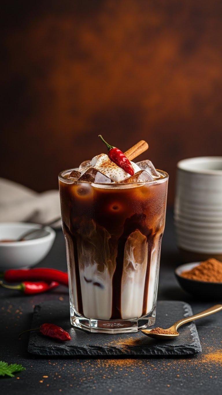 Mexican chocolate iced coffee with chili spice and cinnamon sprinkle on dark stone surface.