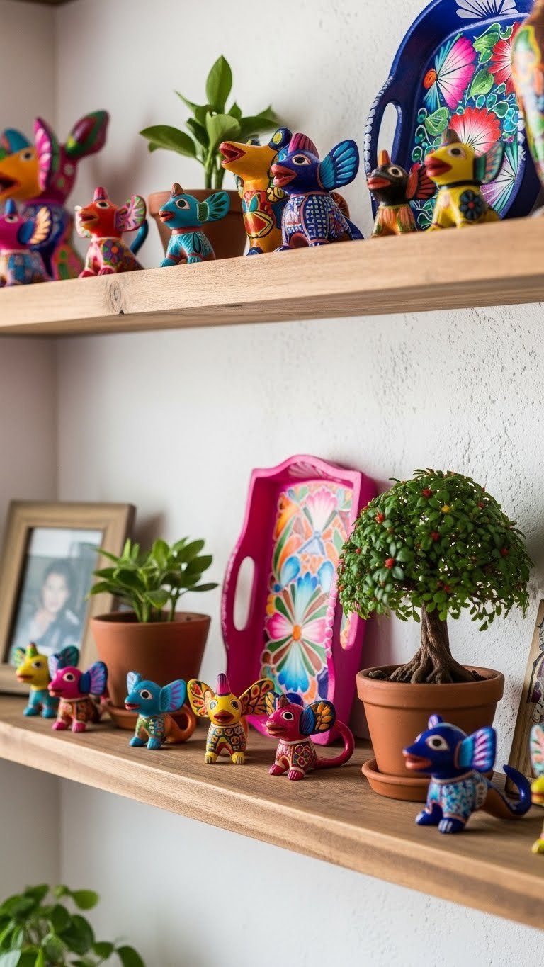 Mexican folk art display featuring vibrant alebrijes and tree of life sculptures on reclaimed wood shelf
