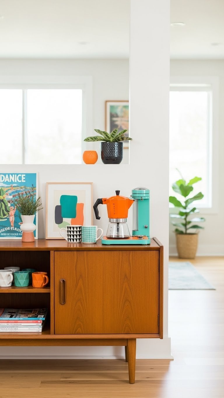 Mid-century modern coffee bar with clean-lined credenza and vibrant vintage coffee maker
