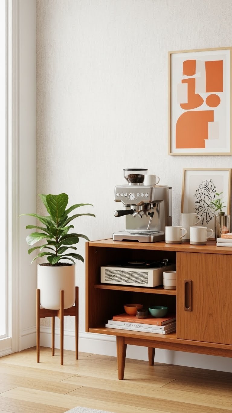Mid-century modern coffee nook with sleek console table, espresso machine, ceramic mugs, and vibrant houseplant in bright daylight.