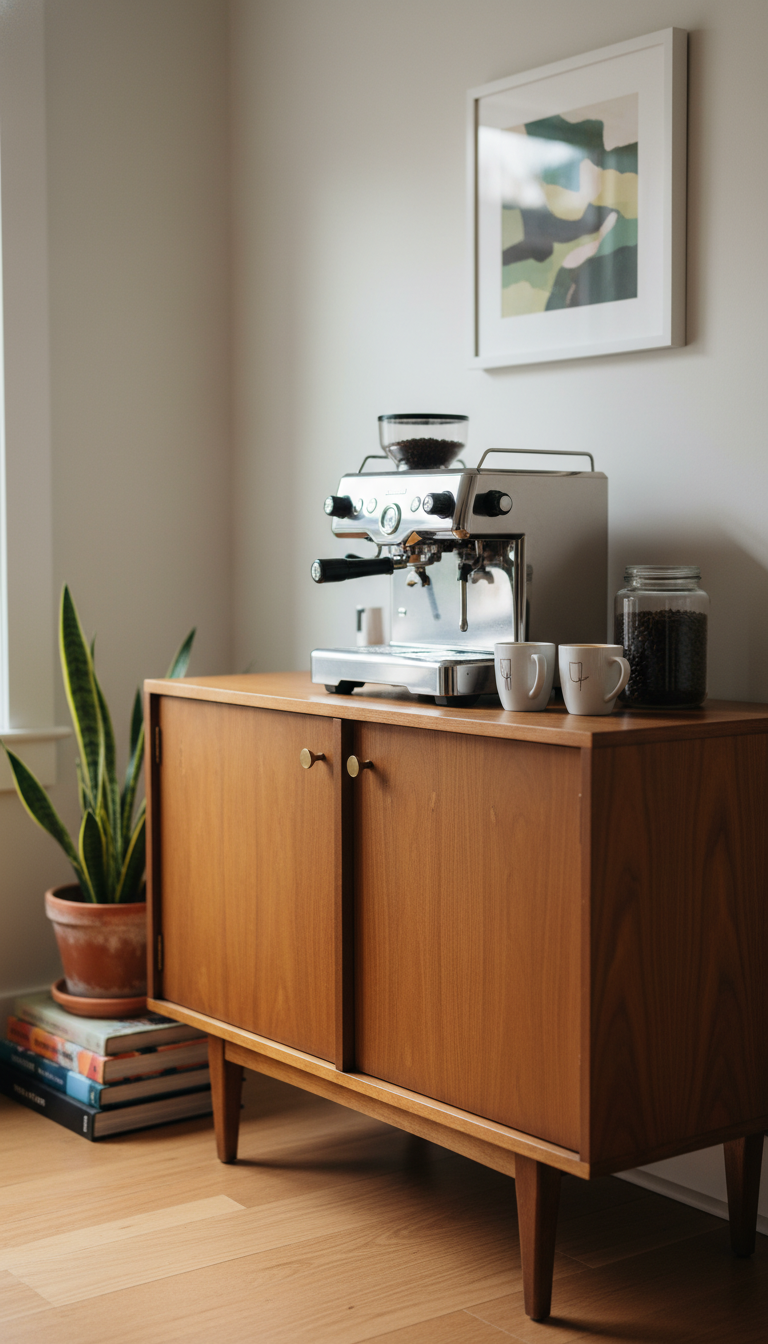Mid-century modern sideboard coffee bar with chrome espresso machine and white ceramic mugs arranged on warm wood surface