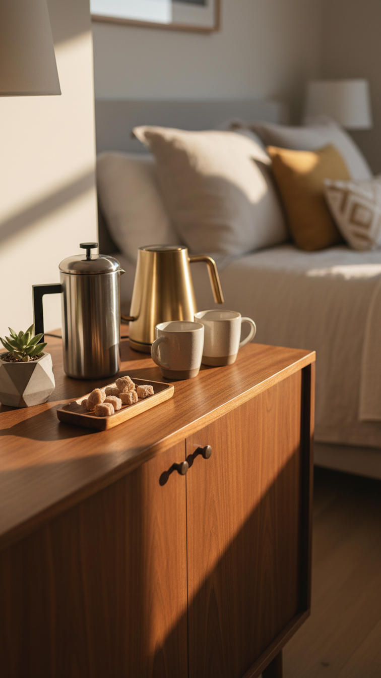 Mid-century modern walnut bar cabinet coffee station with French press and electric kettle in cozy bedroom