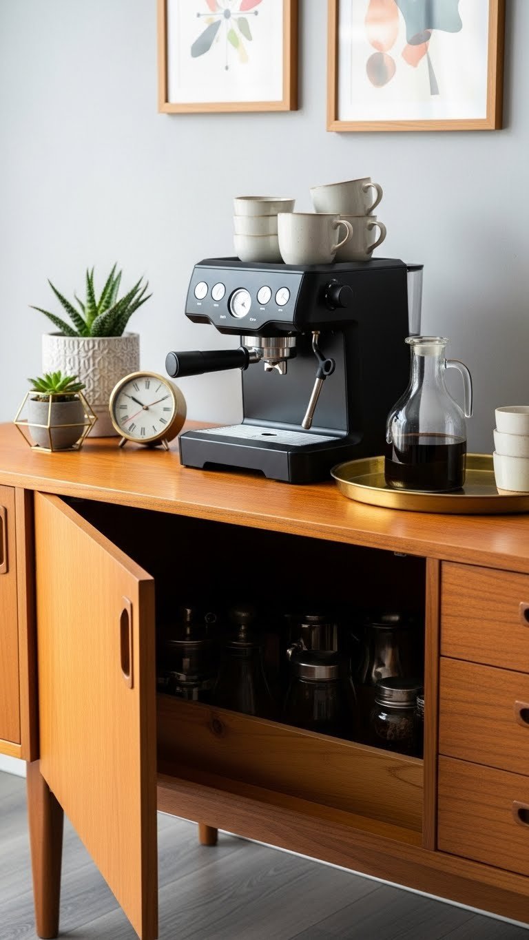Mid-century teak sideboard coffee bar with matte black espresso machine, ceramic mugs, and glass decanter on polished wood surface