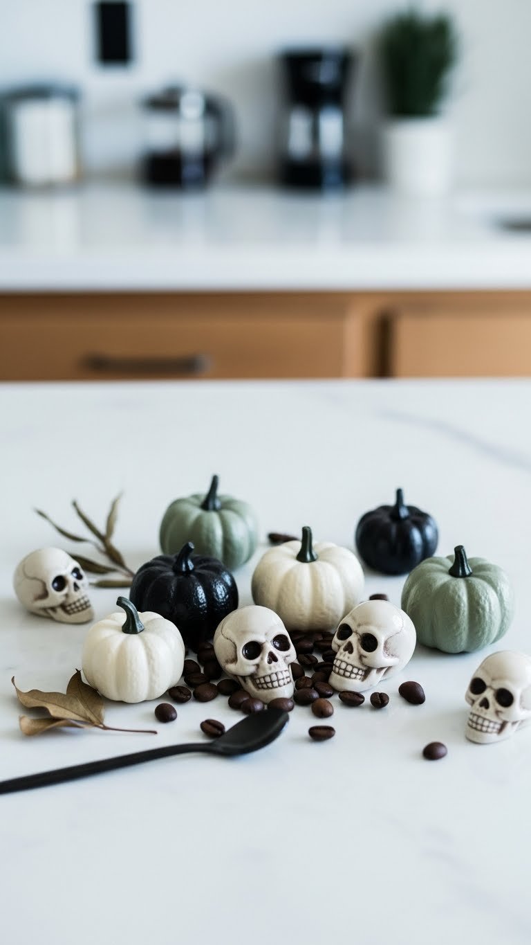 Miniature faux pumpkins and decorative skulls scattered with coffee beans on marble surface