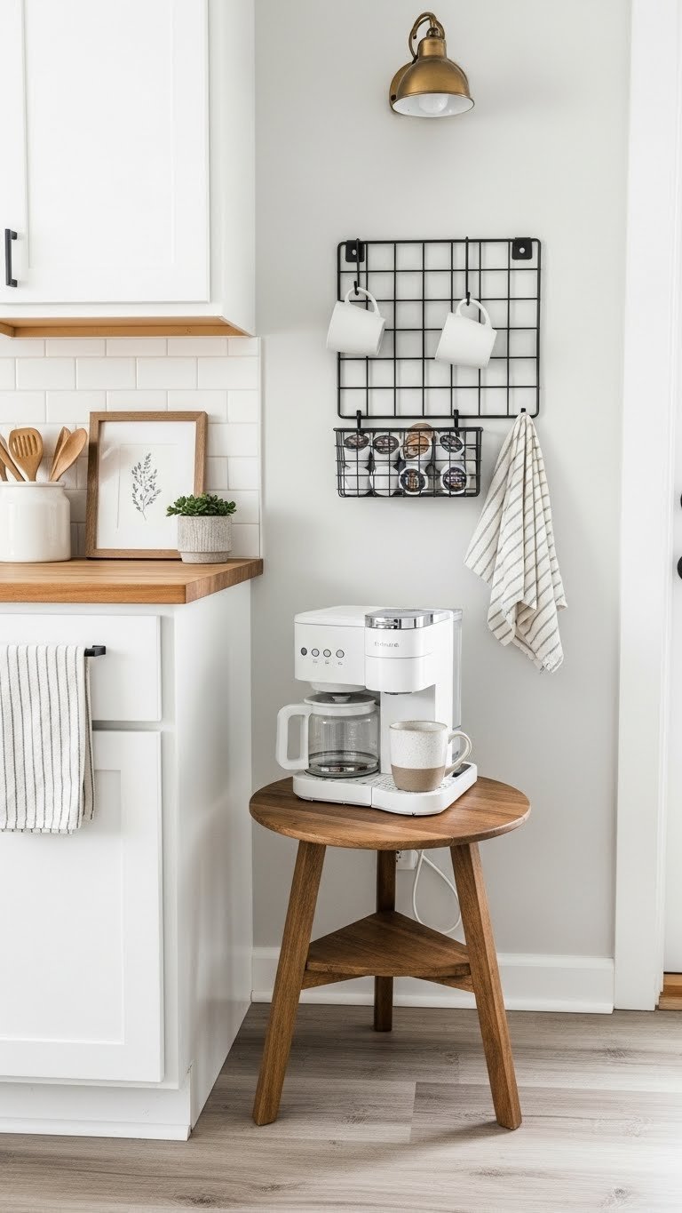 Minimal corner coffee spot with rustic table and metal grid wall panel in compact farmhouse style