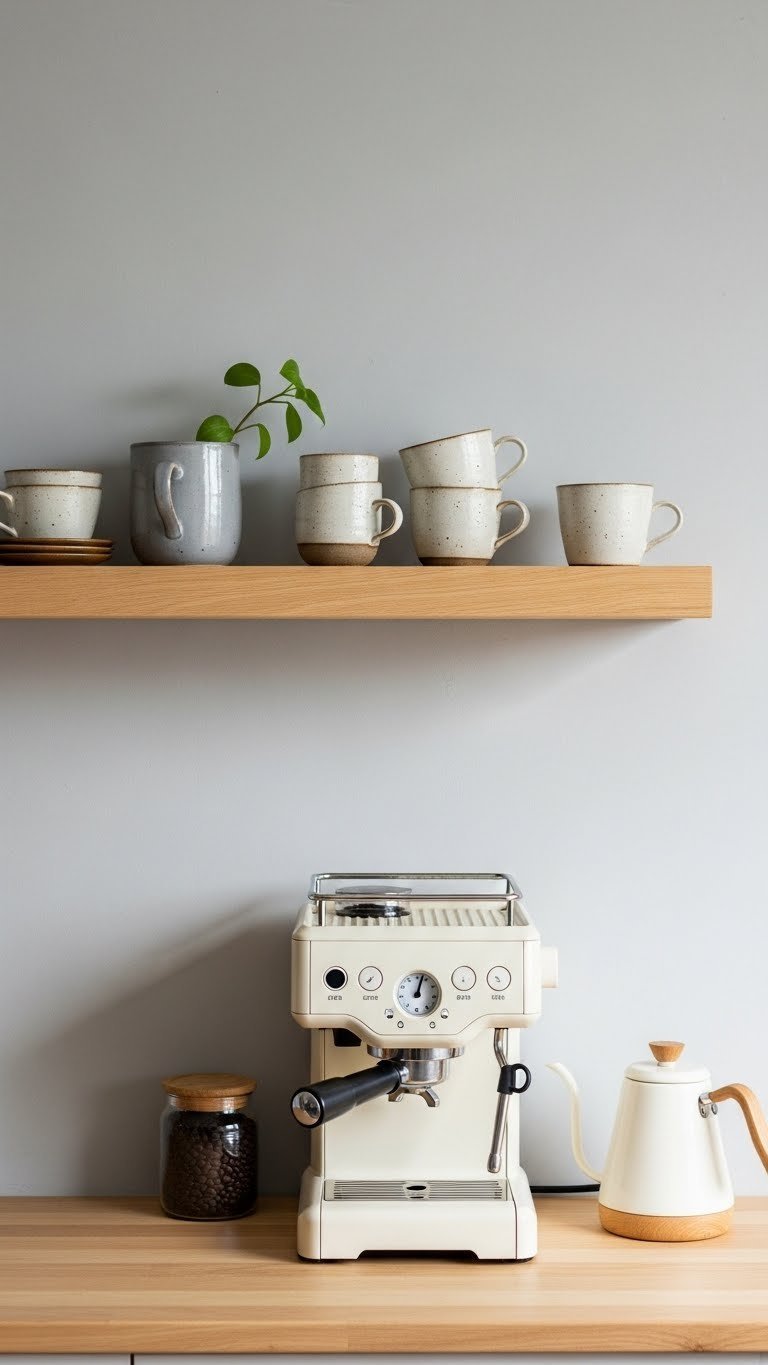 Minimalist Japandi wall-mounted coffee station with compact espresso machine, ceramic mugs, and floating wood shelf against light gray wall