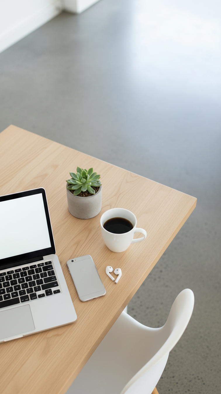 Minimalist Scandinavian coffee bar setup with laptop, white ceramic mug, and smartphone on light wood table
