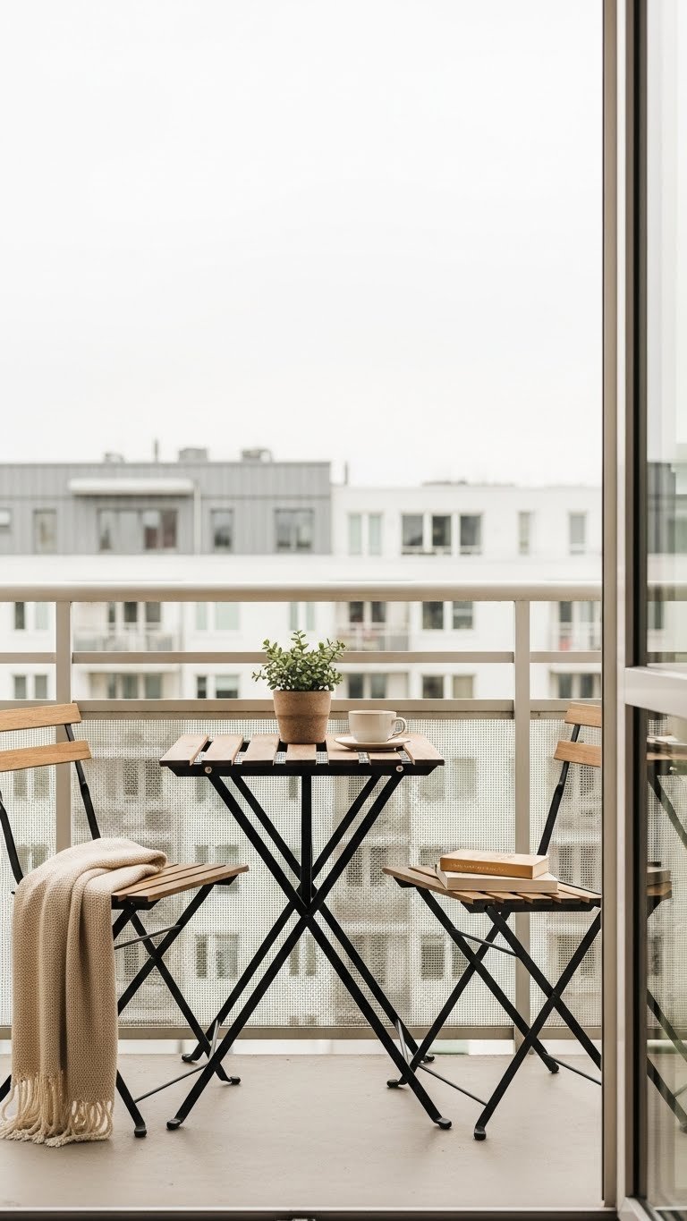 Minimalist balcony coffee nook with compact bistro table, two chairs, steaming coffee cup, and potted succulent on light concrete floor