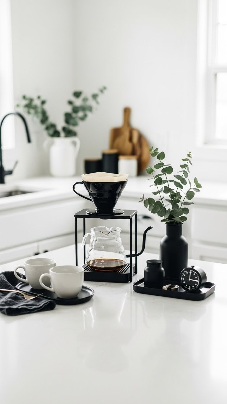 Minimalist black and white countertop coffee display with sleek coffee maker and white ceramic cups on kitchen counter