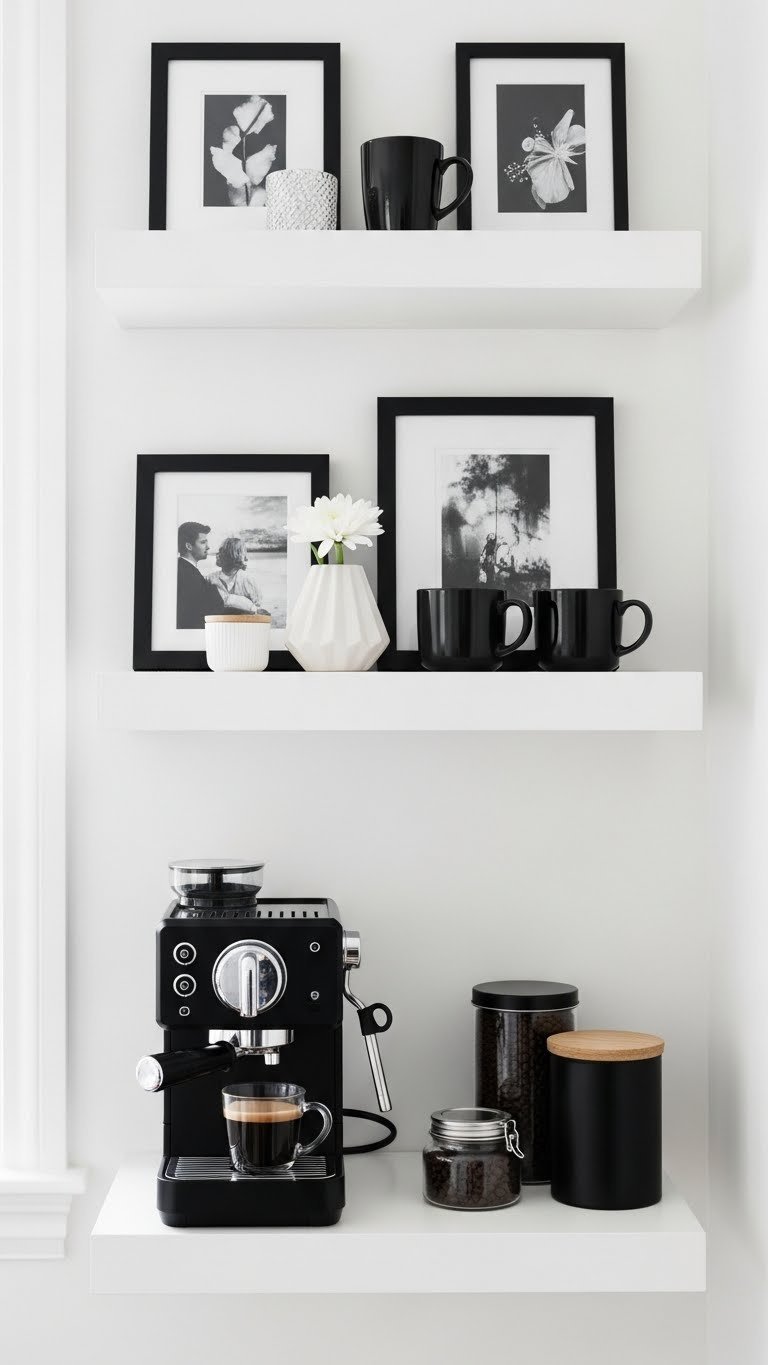 Minimalist black and white floating shelf coffee nook with espresso machine and ceramic mugs arranged vertically against white wall