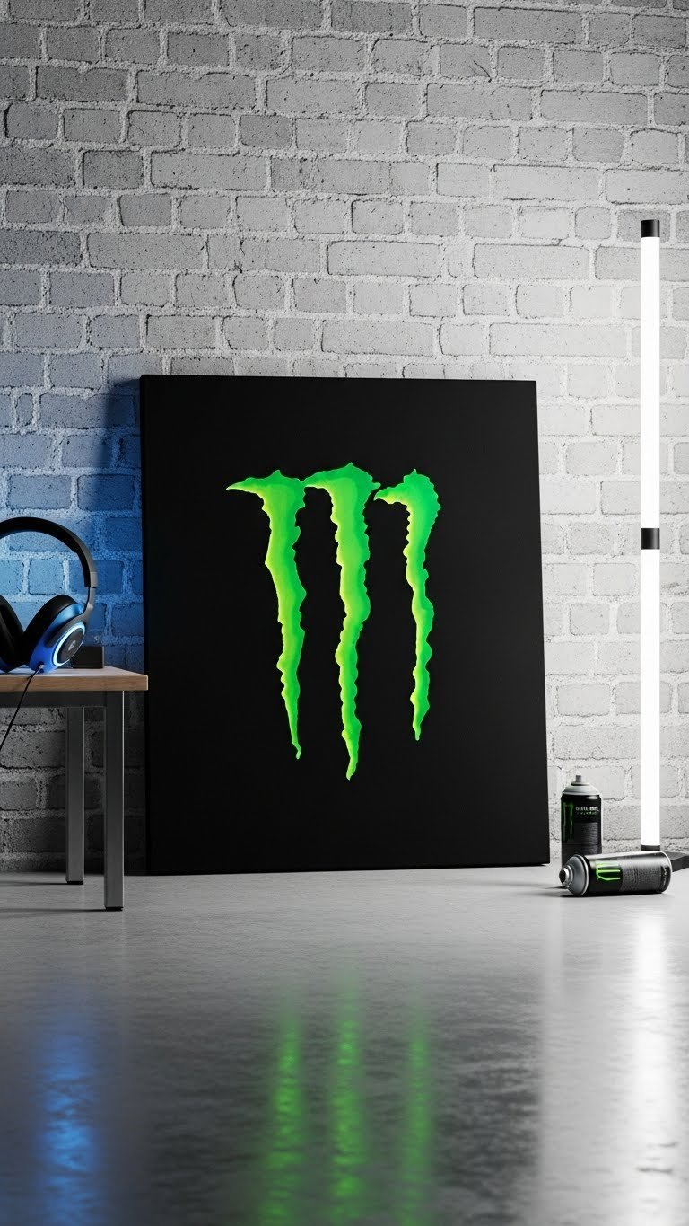 Minimalist black canvas with bright green Monster Energy logo in pop art style against textured wall in modern gaming studio.