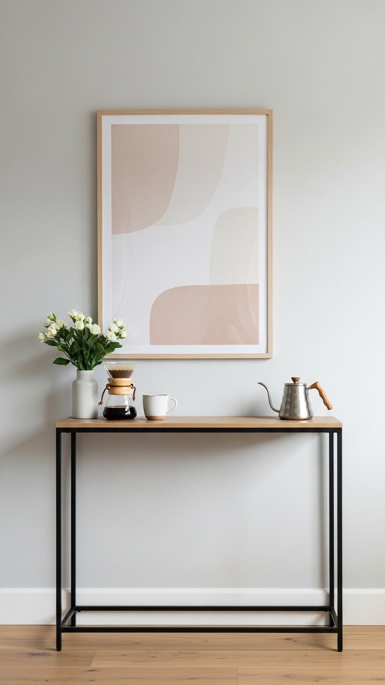 Minimalist black console table coffee corner with pour-over setup and single white mug in bright airy light